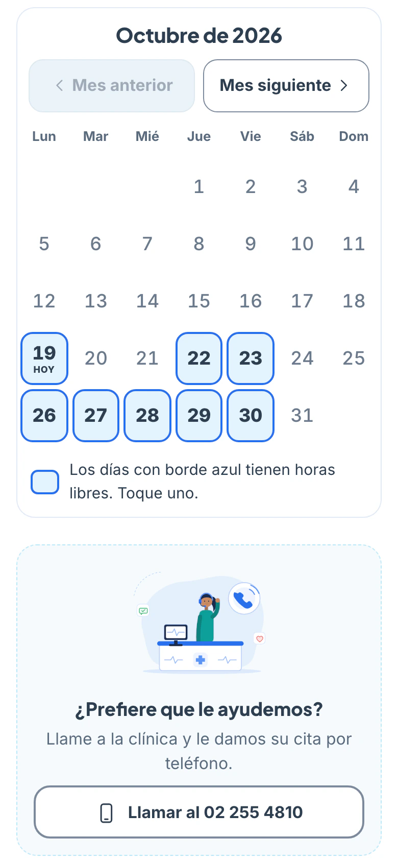 Reserva en línea: el día: pantalla del perfil paciente en el celular