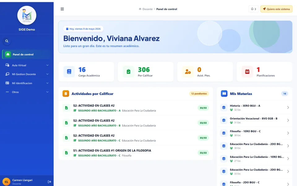 Panel docente del SIGE, el sistema de gestión educativa